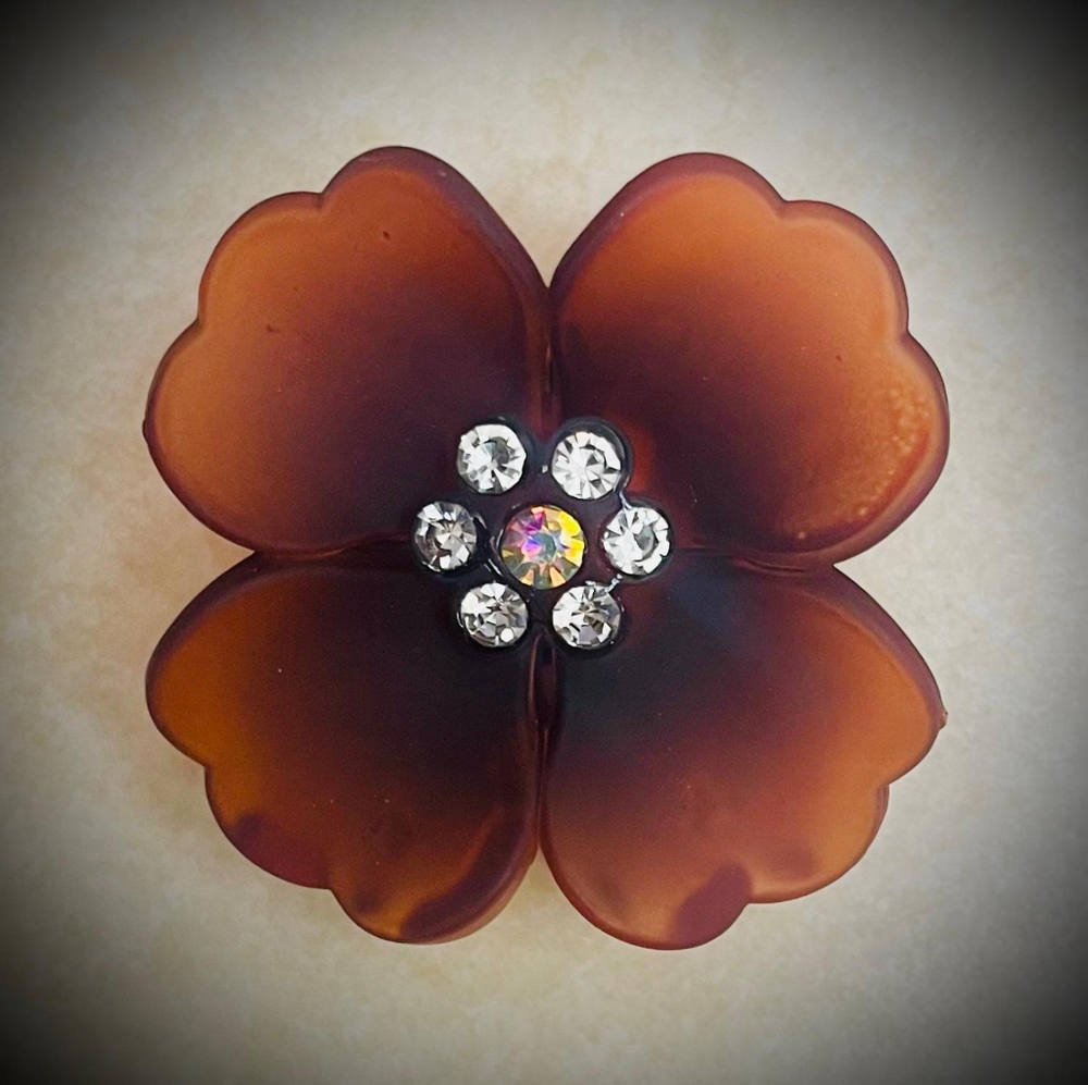 NEW, Brown Flower Hair Clip with Rhinestones. Diameter ~ 2.5".